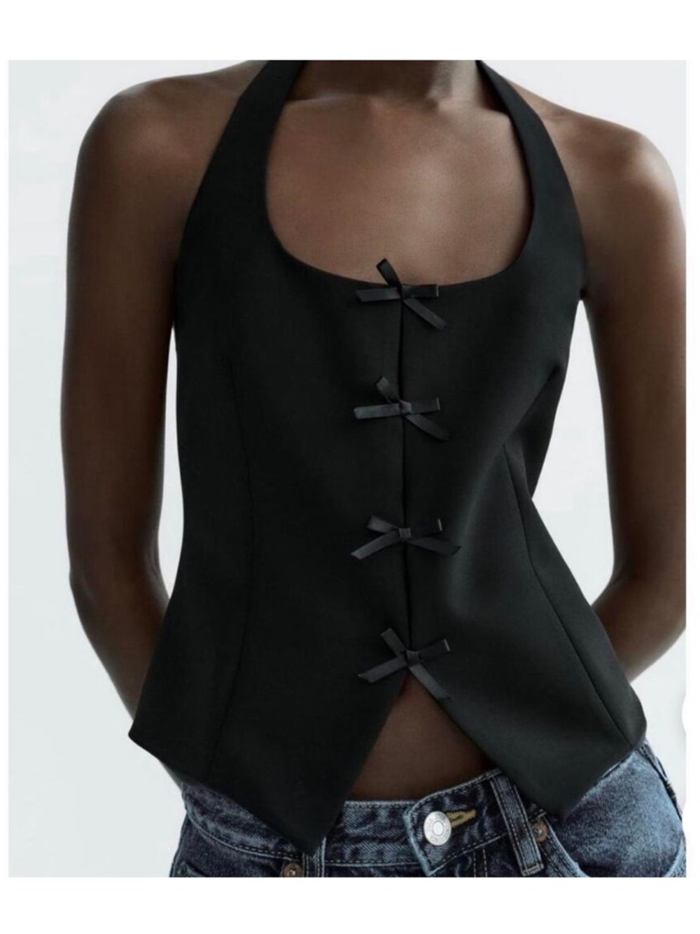 Zara Black Halter Top with Front Bow Details